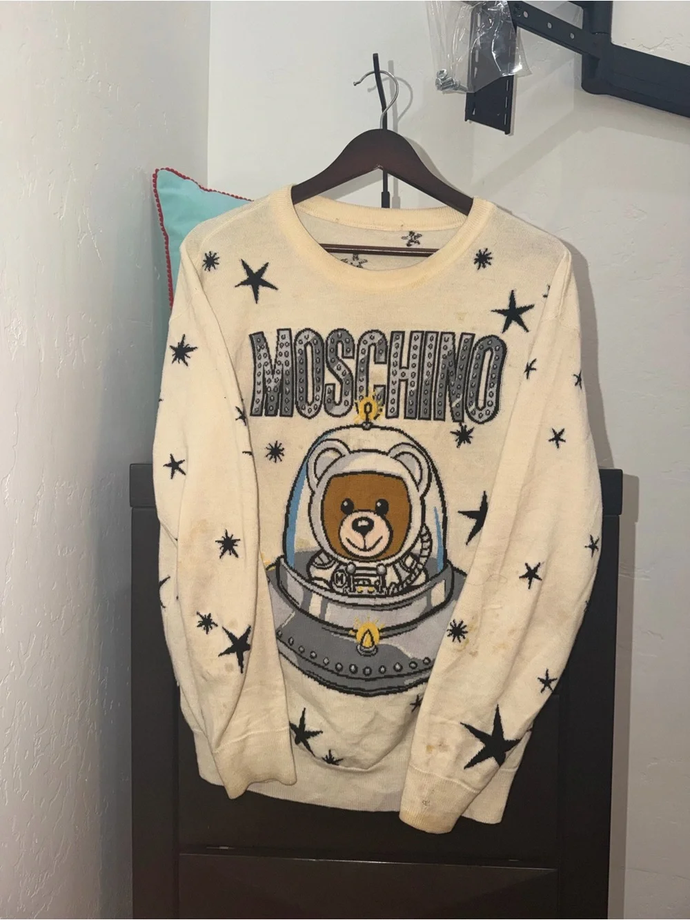 Moschino Cream Teddy Astronaut Graphic Crewneck Sweater